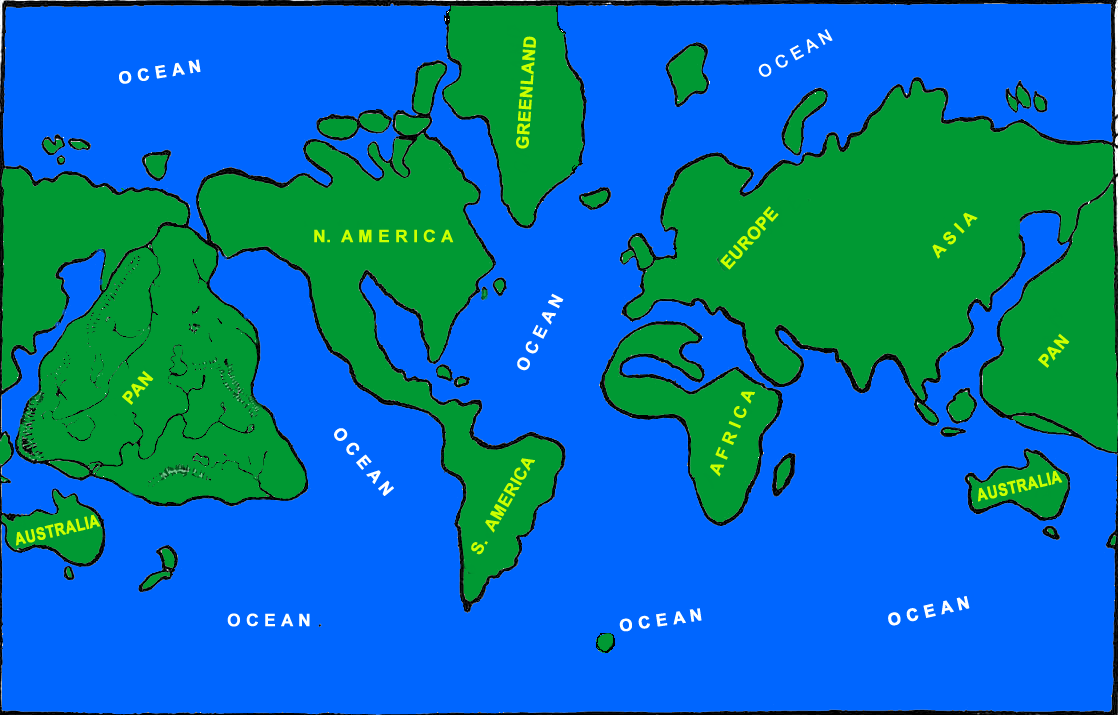 i017 Pre-Flood Outline Map of the World. Showing the Locality of Pan, the Submerged Continent.