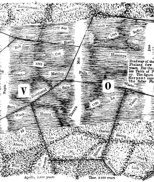 i085 Map of the Etherean Roadway of the Solar Phalanx for the second set of two cycles of the past gadol, Plate 2 of 4. The Roadway shown is that through which the sun and its family (including earth) traveled during the cycles of Apollo and Thor.
